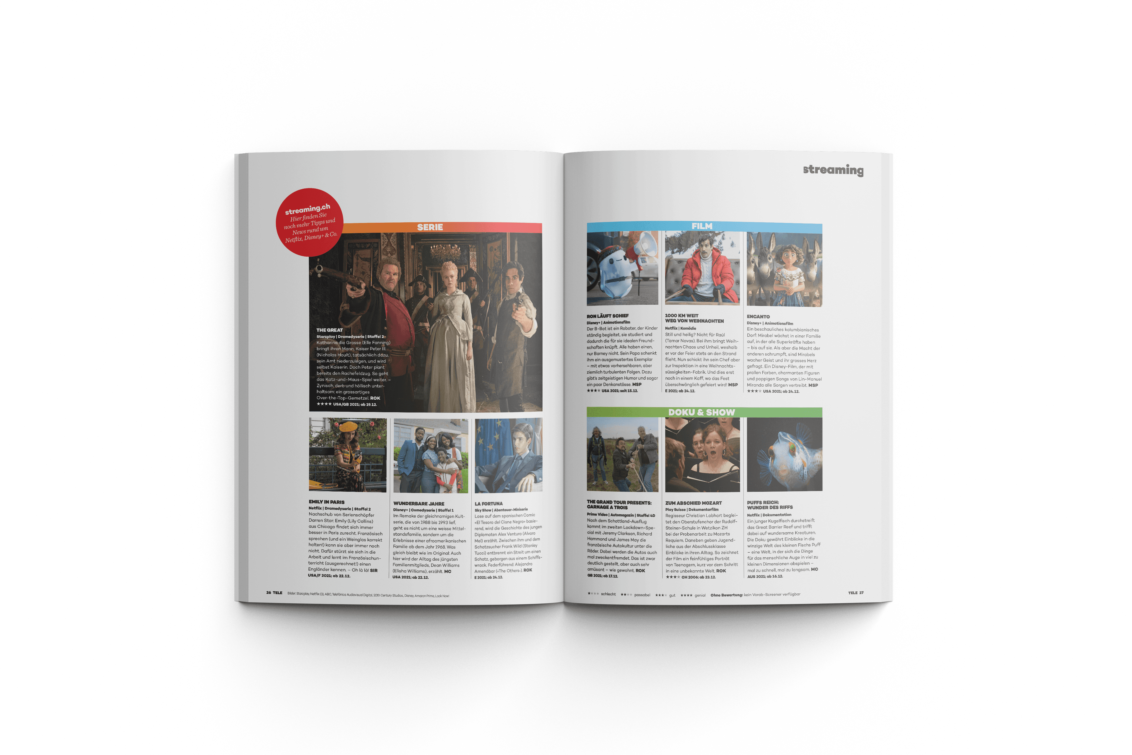Magazin | Tele | Streaming Seiten <h2>Umfassender Streaming-Teil</h2>
<p>In Tele sind die Perlen von Netflix & Co. inklusive Startdaten und interessanter Hintergrundinfos übersichtlich und kompakt aufgeführt. So entgehen Film-Liebhabern und Serien-Junkies keine Highlights der Streaming-Welt.</p>